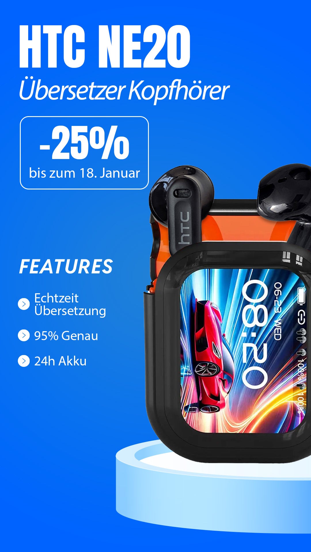 HTC NE20 Echtzeit Übersetzer Kopfhörer kaufen -25% Rabatt. Features: Echtzeit Übersetzung, 95% Genauigkeit, 24h Akku.
KI-gestützte Übersetzung in 61 Sprachen – Jetzt bei Commivo.